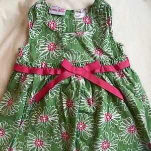 100% Cotton 3T Girl Green Floral Dress with Pink Bow